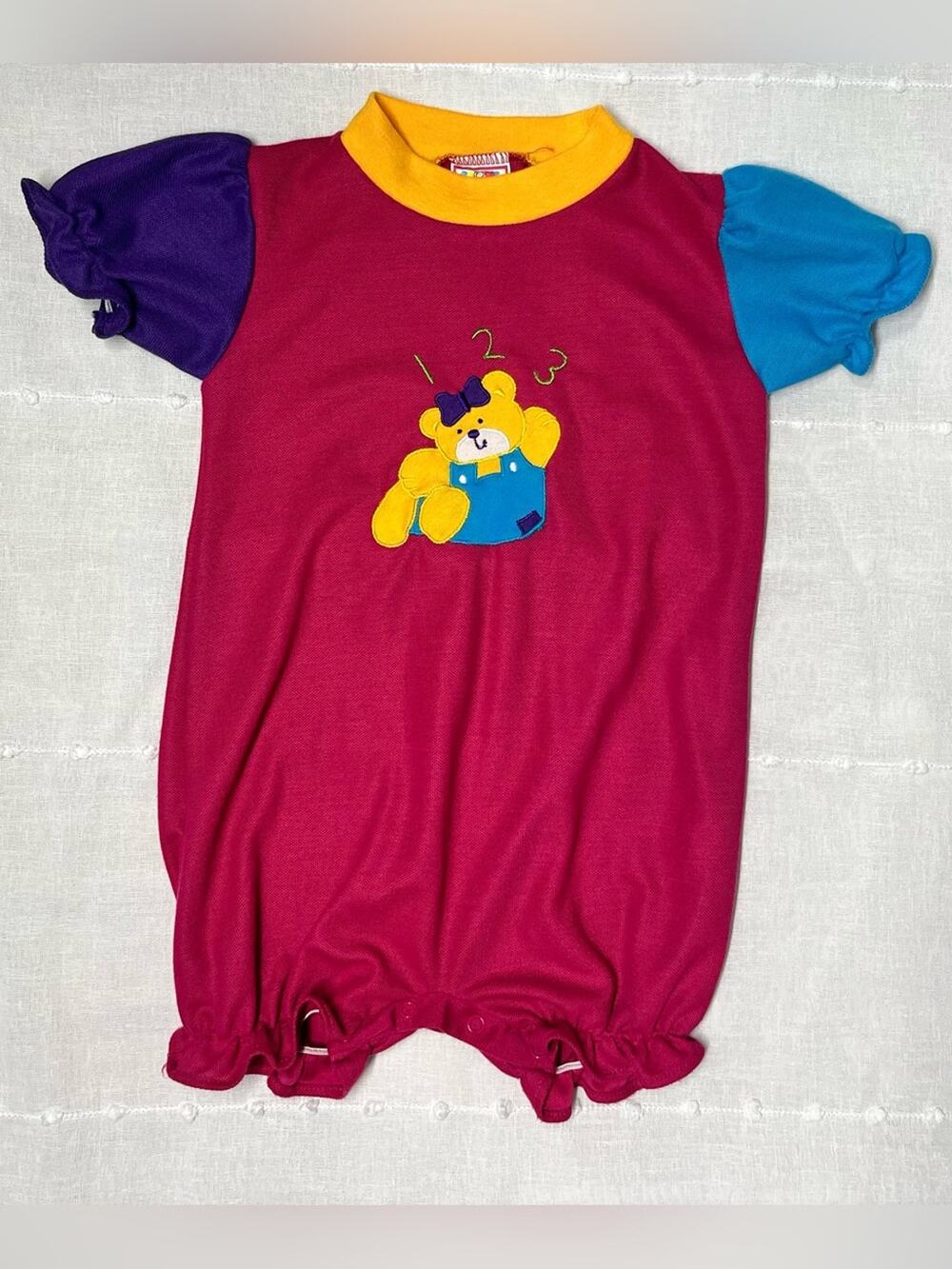 Vintage Double Trouble 18 mo Color block Bear Romper pink purple blue yellow